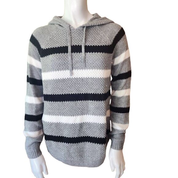 Cloud Chaser Gray, Black, & White Striped Knit Hoodie (M) - Picture 3 of 6